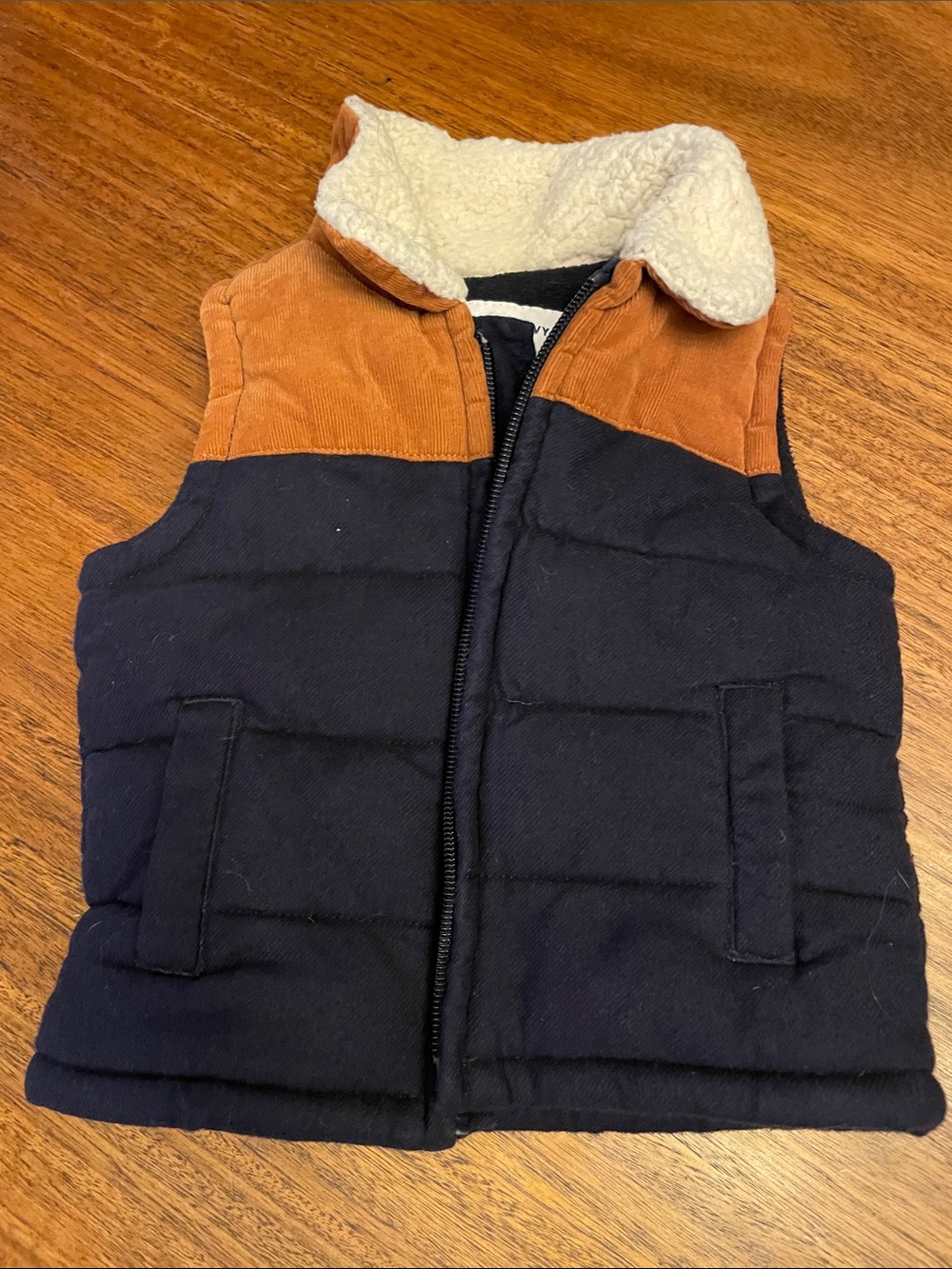 Old Navy Navy Blue and Brown Sherpa-Lined Puffer Vest